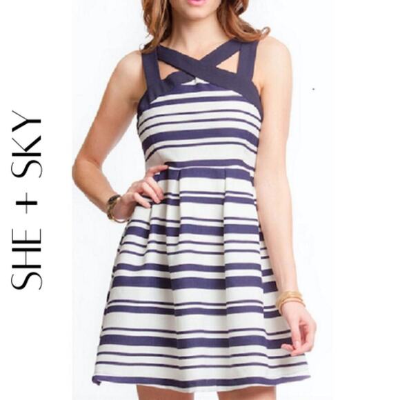 She and Sky Dresses & Skirts - SHE + SKY Fit & Flare Blue & White Striped Sundress, S, NWT!
